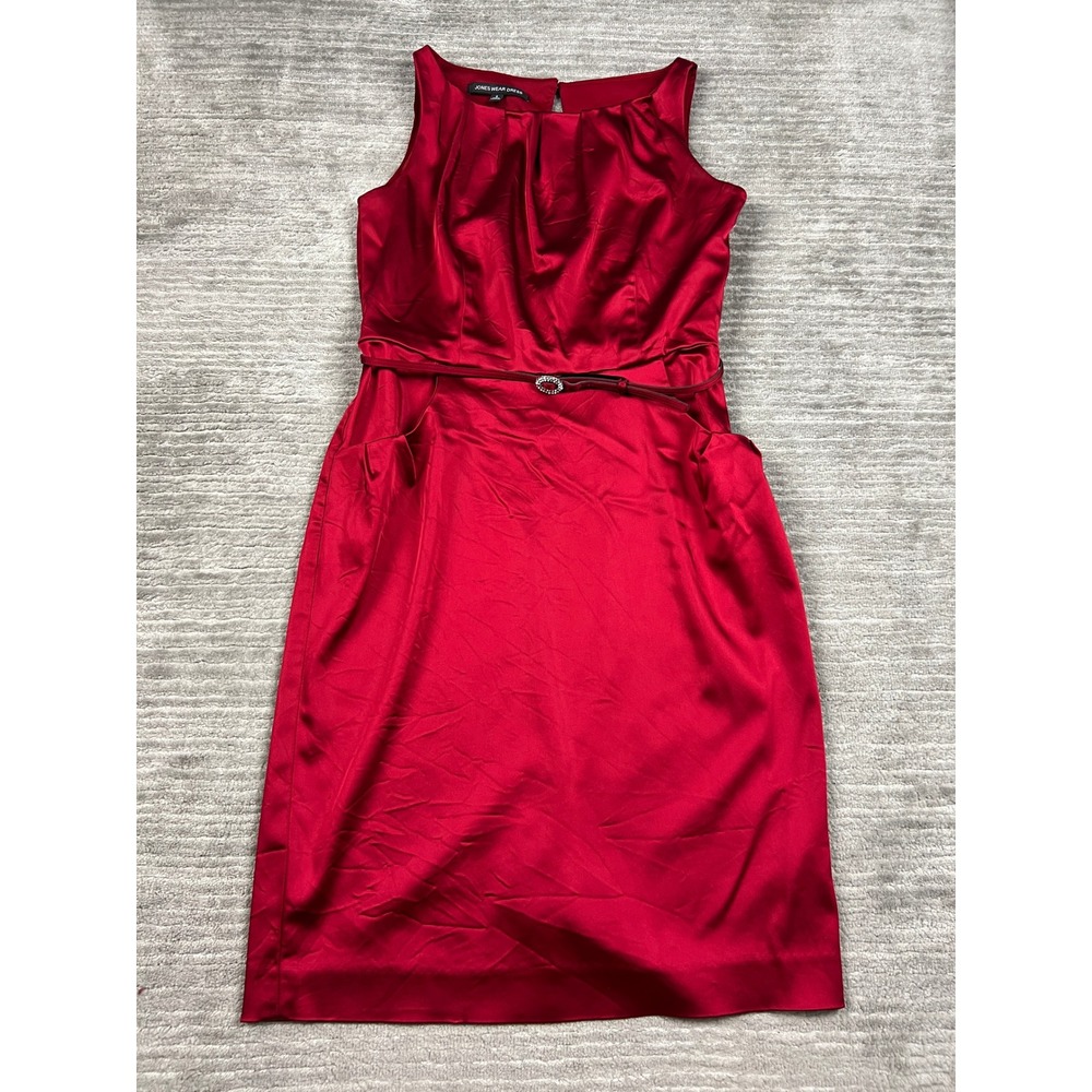 Jones Wear Dress Sheath Dress Womens 8 Red Satin Pleated Belted Pockets Cocktail